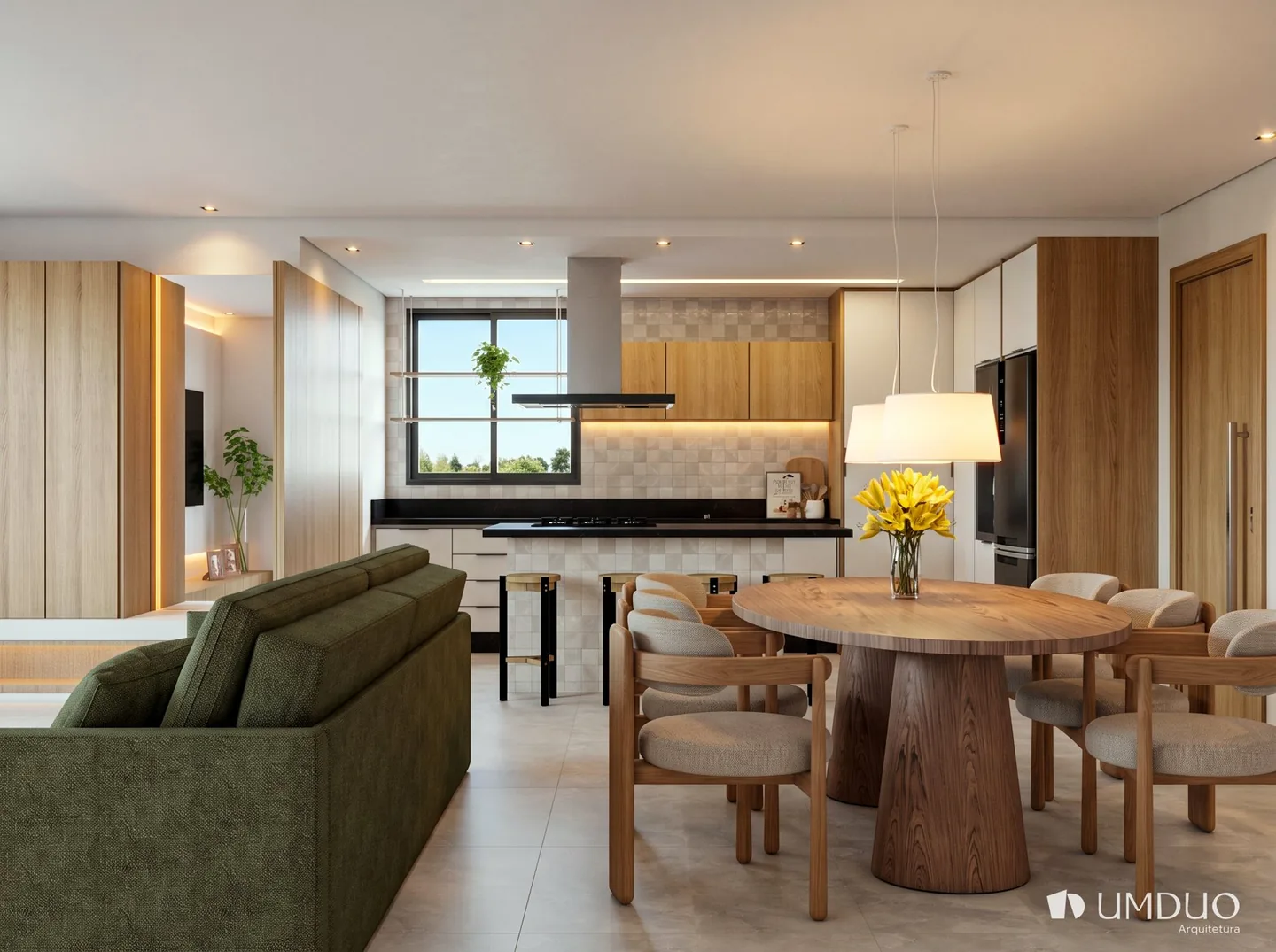 Sala e cozinha integradas do apartamento Interiores JD